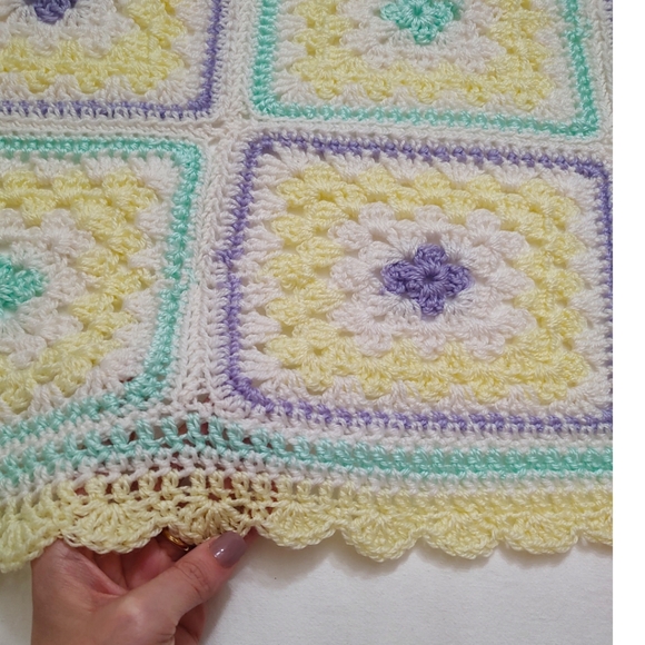 Handmade Crochet Throw Blanket Yellow White Mint Green Purple 56 x 24.5" Pastel - Picture 5 of 9